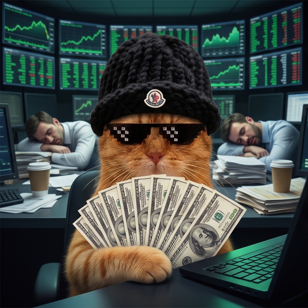 MOMO in a black beanie and pixel sunglasses holding dollars at a trading terminal