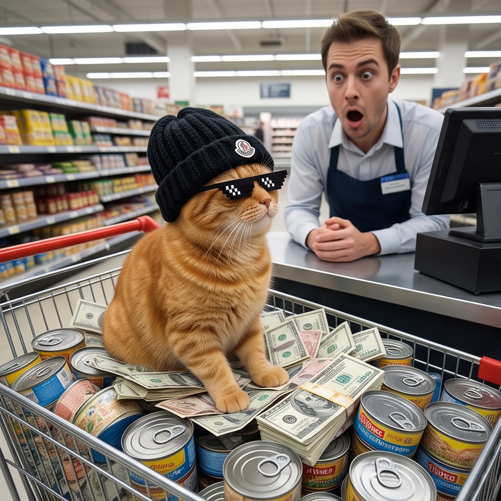 MOMO in a supermarket cart full of tuna and money