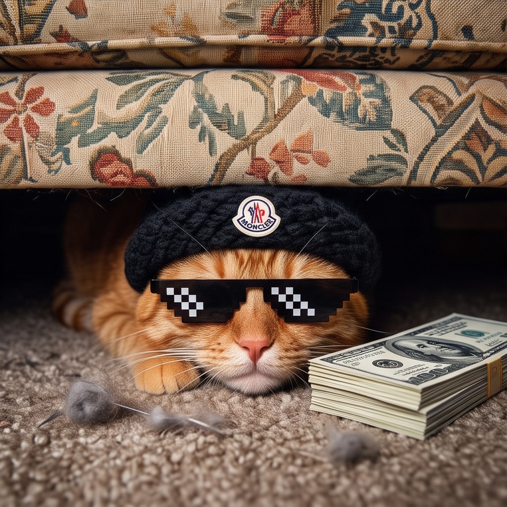 MOMO beneath a sofa beside stacks of cash