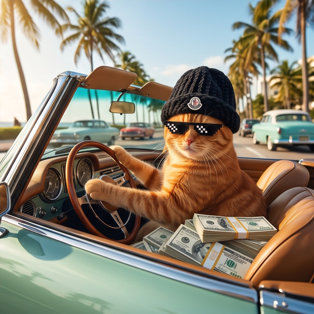 MOMO driving a convertible in Miami with money on the seat