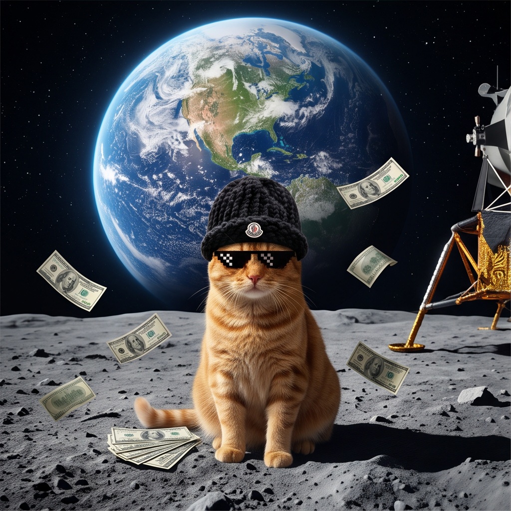 MOMO on the moon with Earth and floating dollar bills