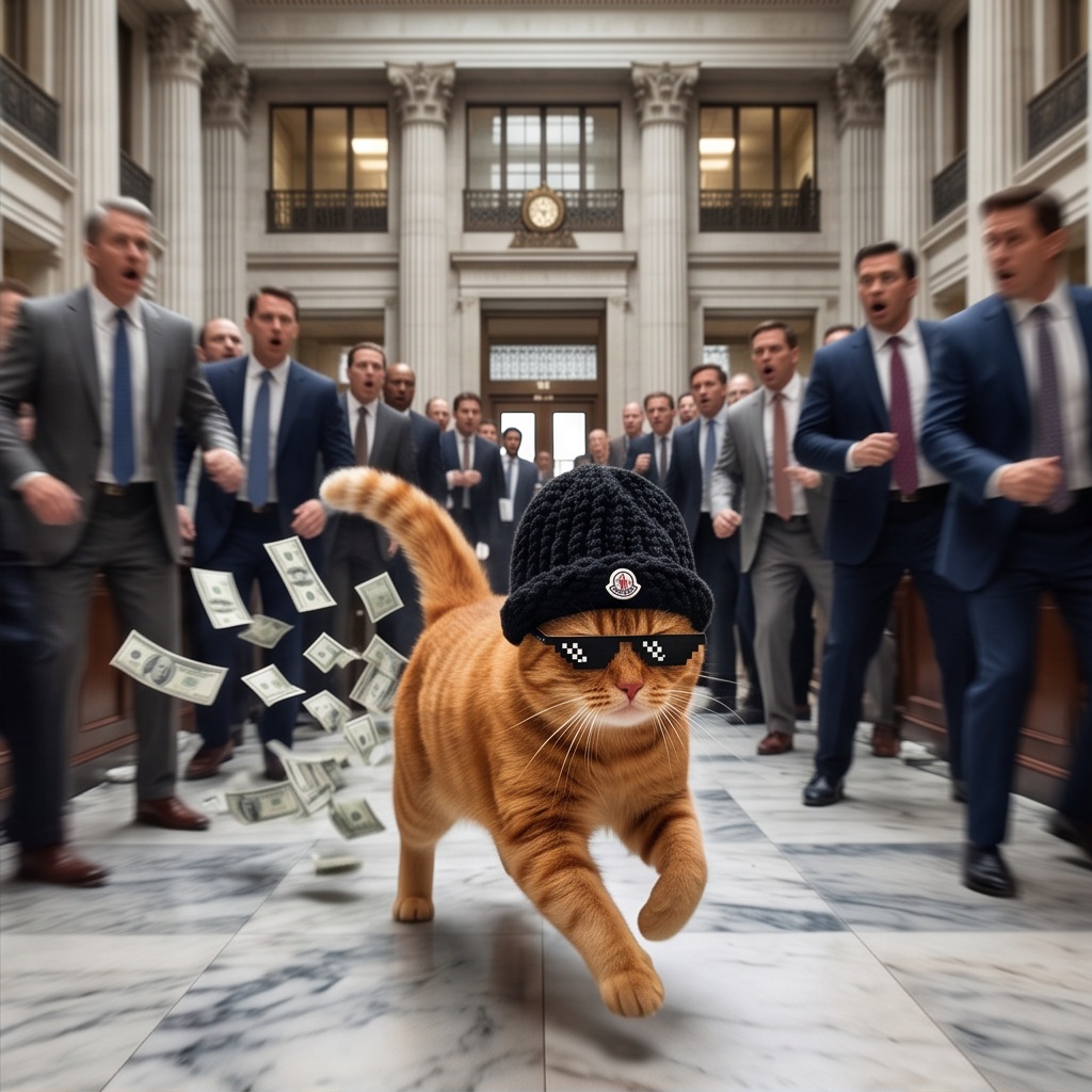 MOMO running through a bank lobby with flying dollars