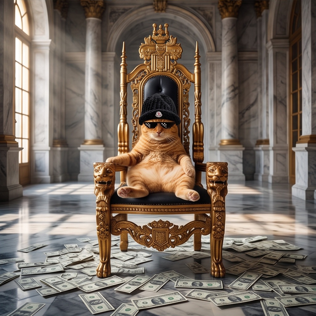 MOMO reclining on a gold throne surrounded by money