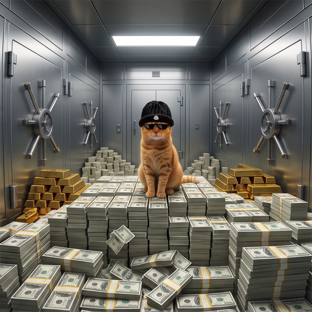 Orange MOMO cat guarding cash and gold in a realistic bank vault